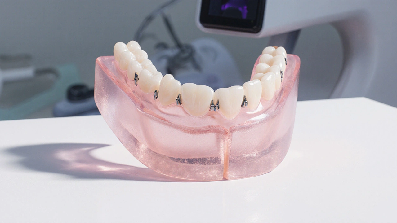 Částečná zubní protéza s realistickými zuby a kovovými háky.