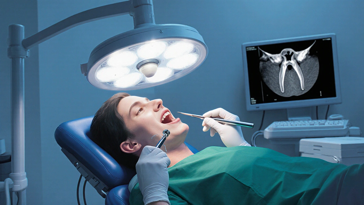 Dentální chirurg odstraňuje zub moudrosti pod chirurgickým osvětlením s nástroji a monitorujícím skenem.