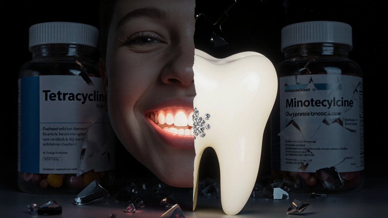 Dítě se usmívá, ale jeden zub obsahuje skryté krystaly antibiotika, kolem rozbité lahvičky.