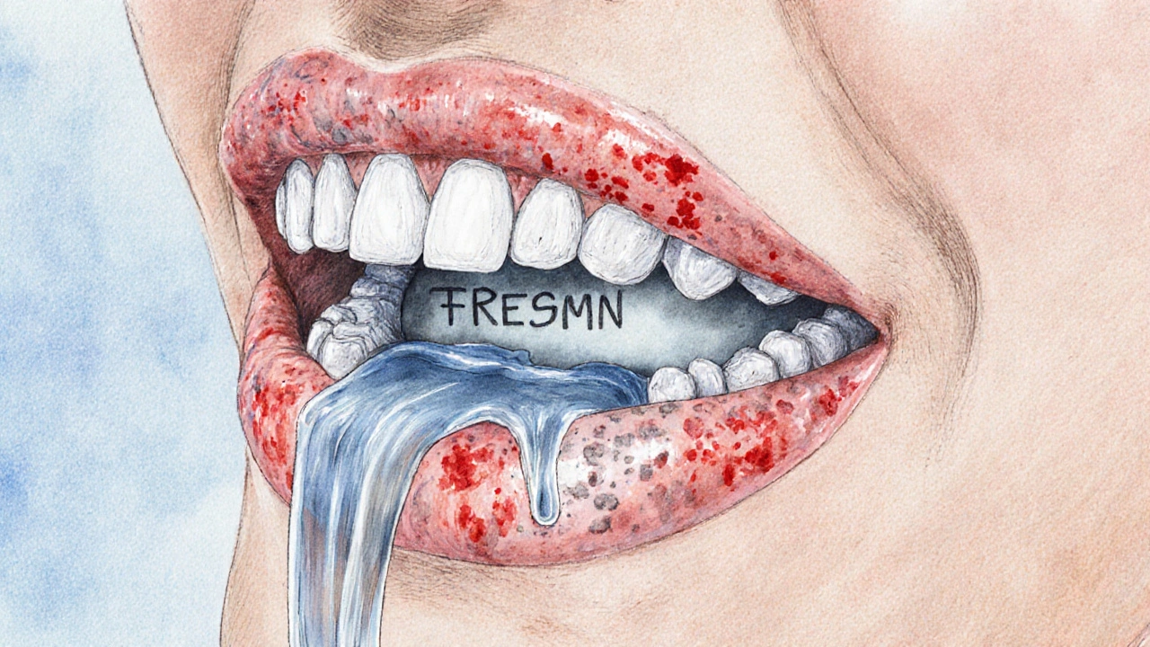 Křížový řez ústní dutiny s plakem, tenkou slinou a zánětlivými dásněmi.