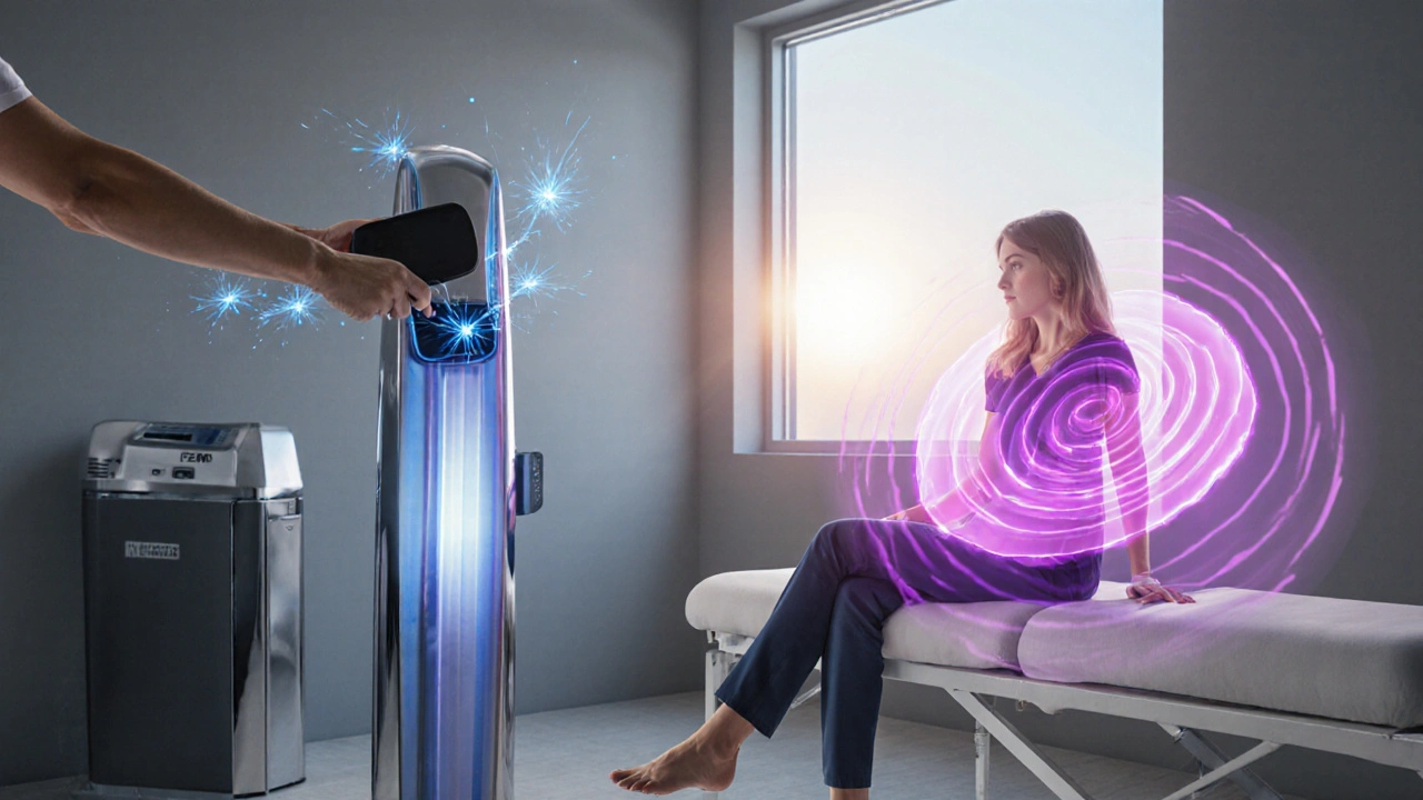 Pacient pod elektrostimulací a magnetoterapií v moderní klinice.