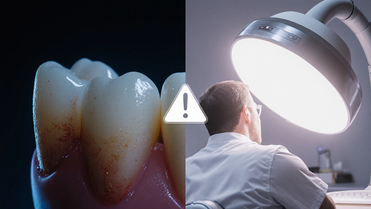Rozdělený obrázek: poškozený zub po citronu vs. profesionální LED bělení.