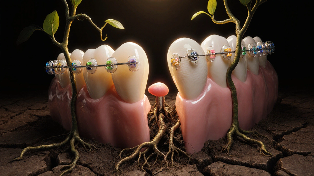 Symbolická představa mezery mezi zuby a jazykové síly, která ji rozšiřuje.