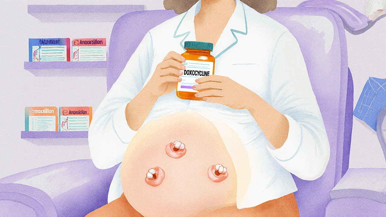Těhotná žena drží lék doxycyklin v ordinaci, záře kolem břicha symbolizuje vývoj zubů plodu.