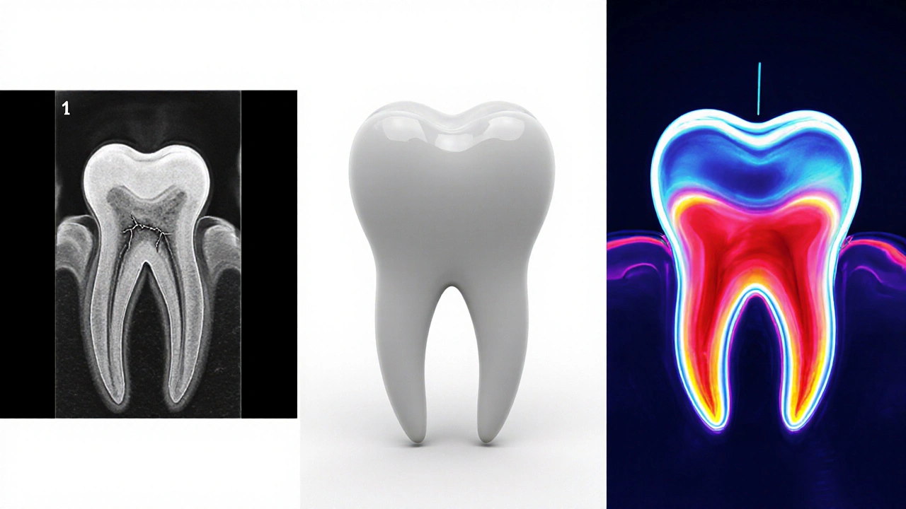 X‑ray, 3D CT a termografie ukazují diagnostiku bolesti pod korunou.