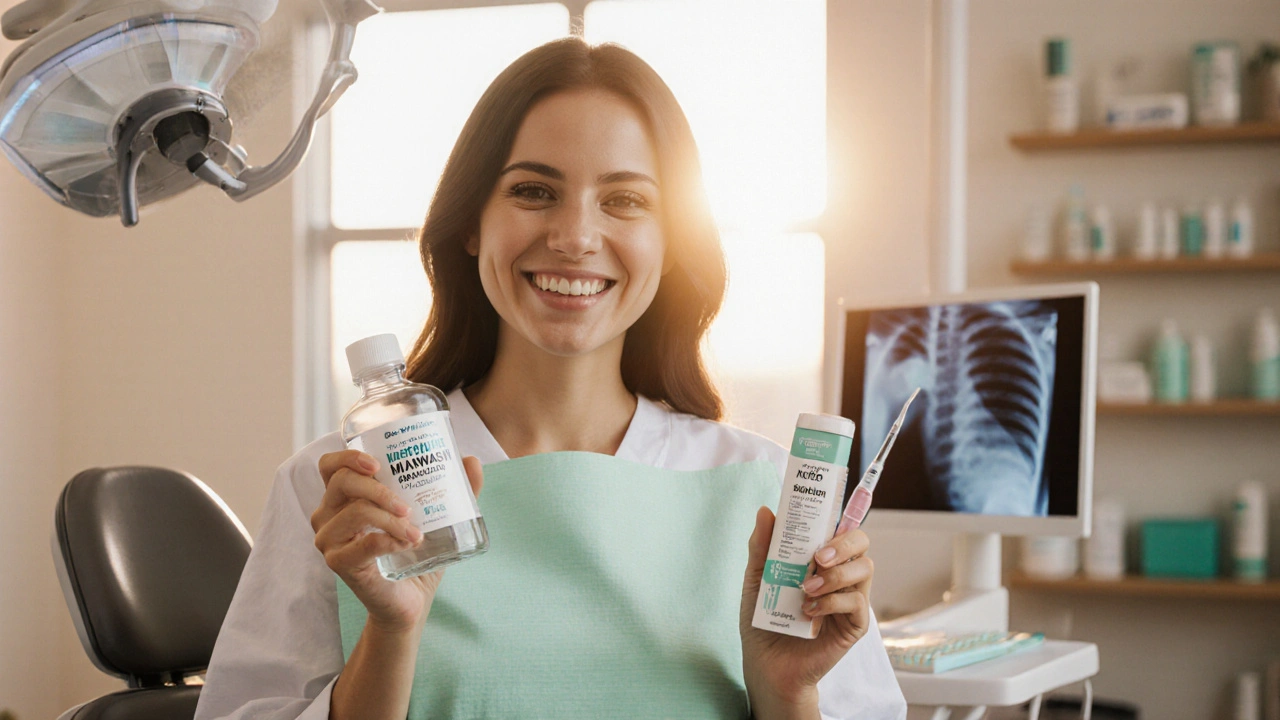 Žena drží bezalkoholovou ústní vodu a žvýkačku s xylitolí, stojí u zubního křesla.