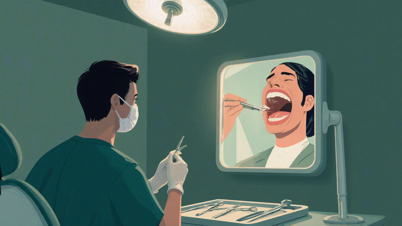 Zubař prohlíží mezera mezi zuby pomocí zubního zrcátka.