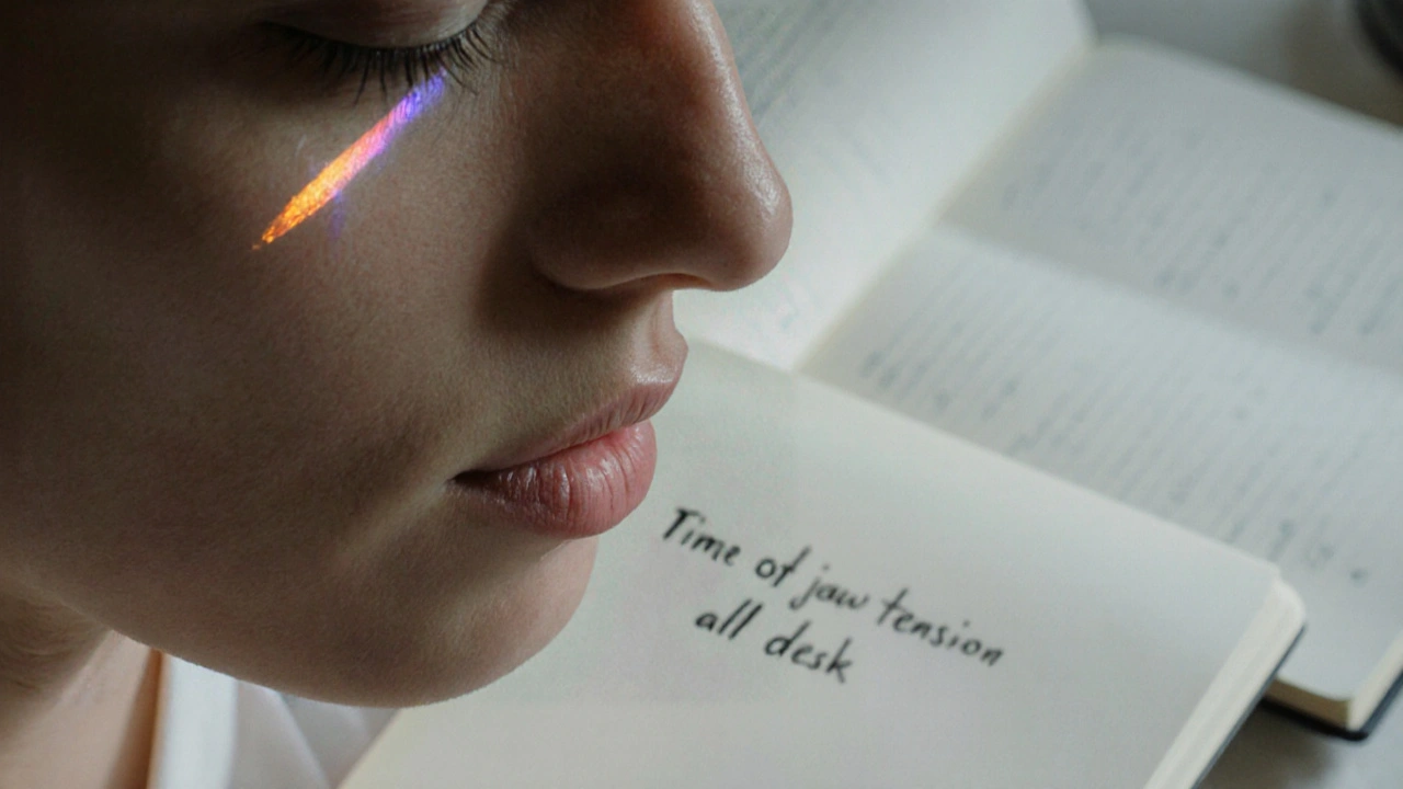 Blízký pohled na obličej s uvolněnou čelistí a jazykem na dně úst, přirozené osvětlení.