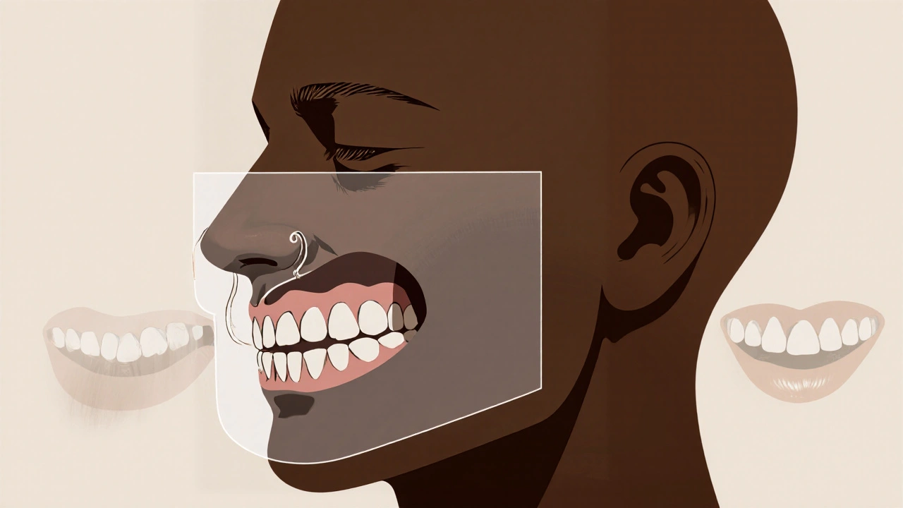 Boční pohled hlavy s přehledem anatomických vad postavení zubů: underbite a deep bite.