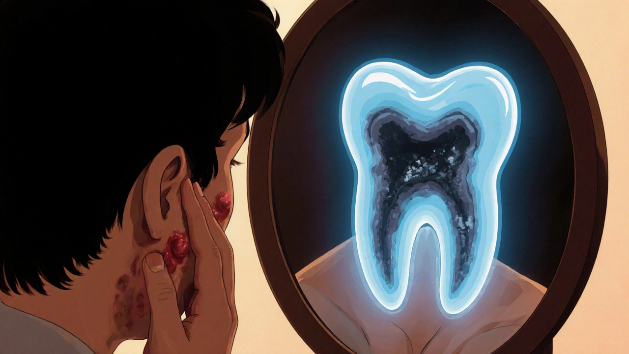 Člověk se dívá do zrcadla, kde je vidět oteklá dásen a infekci v čelisti.