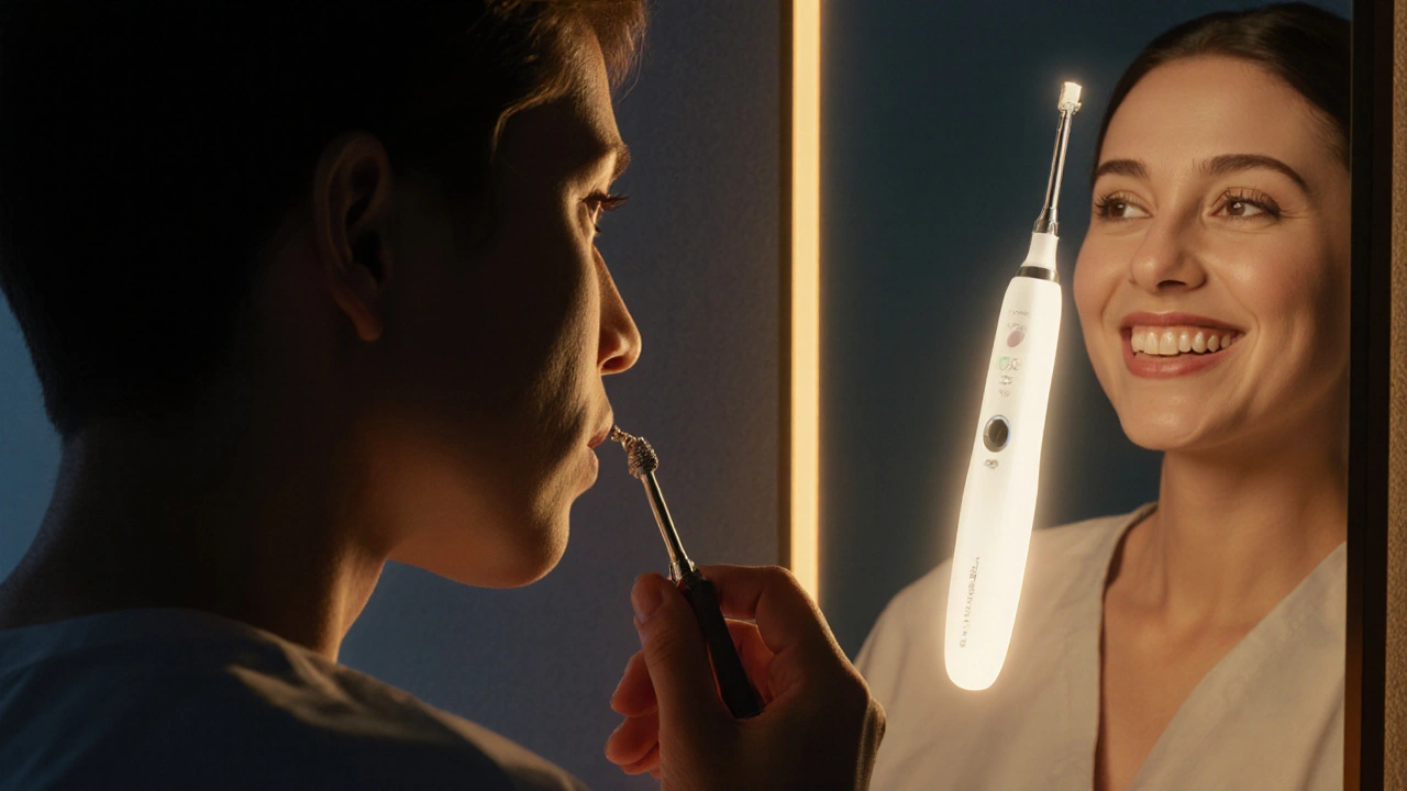 Člověk se zdráhá odstranit kámen doma, zatímco profesionální nástroj svítí jako bezpečné řešení.