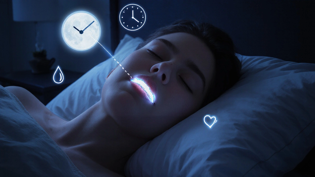 Člověk spí s neviditelnými rovnátky, jemné světlo ukazuje postupné zarovnání zubů.