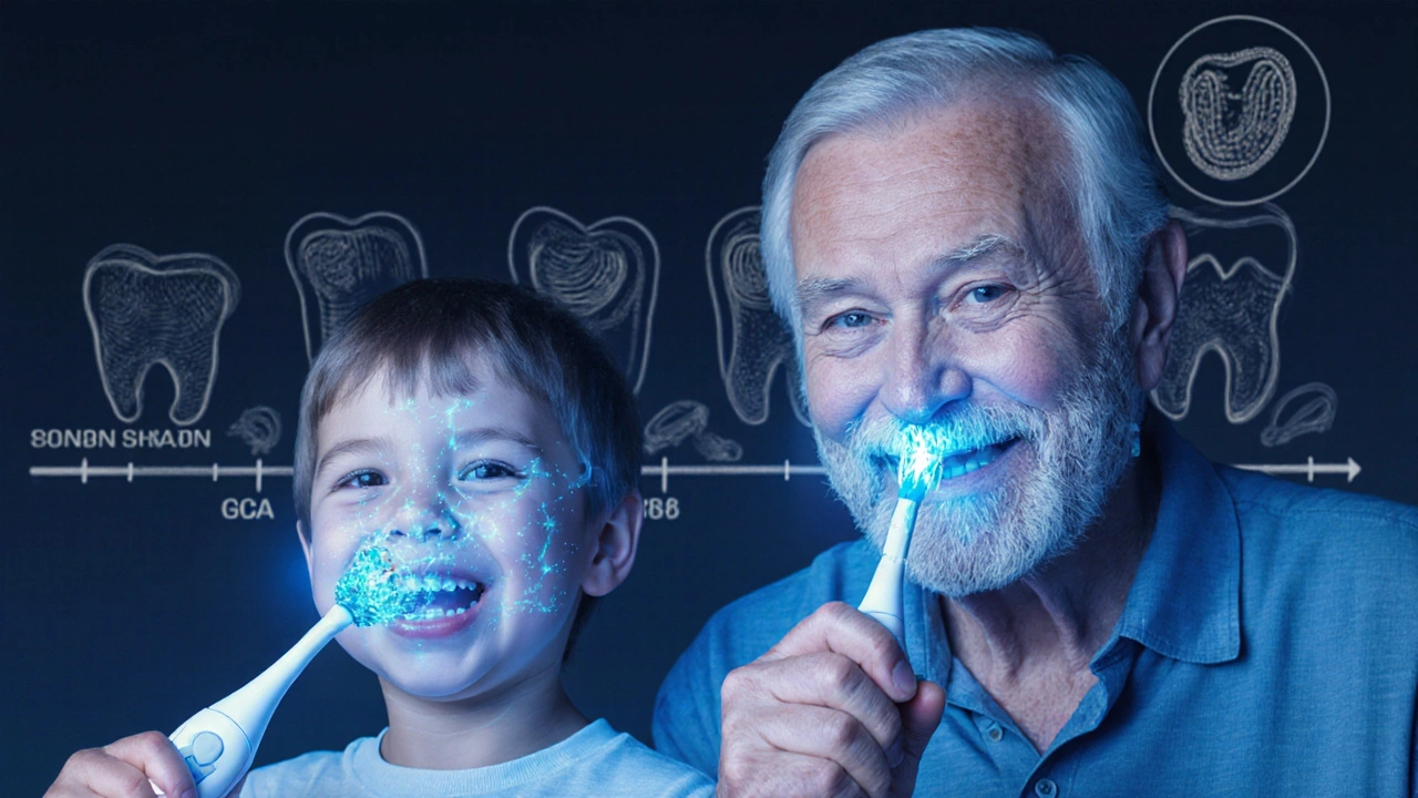 Dítě a starší osoba používají sonické kartáčky s adaptovanými rukojetěmi.