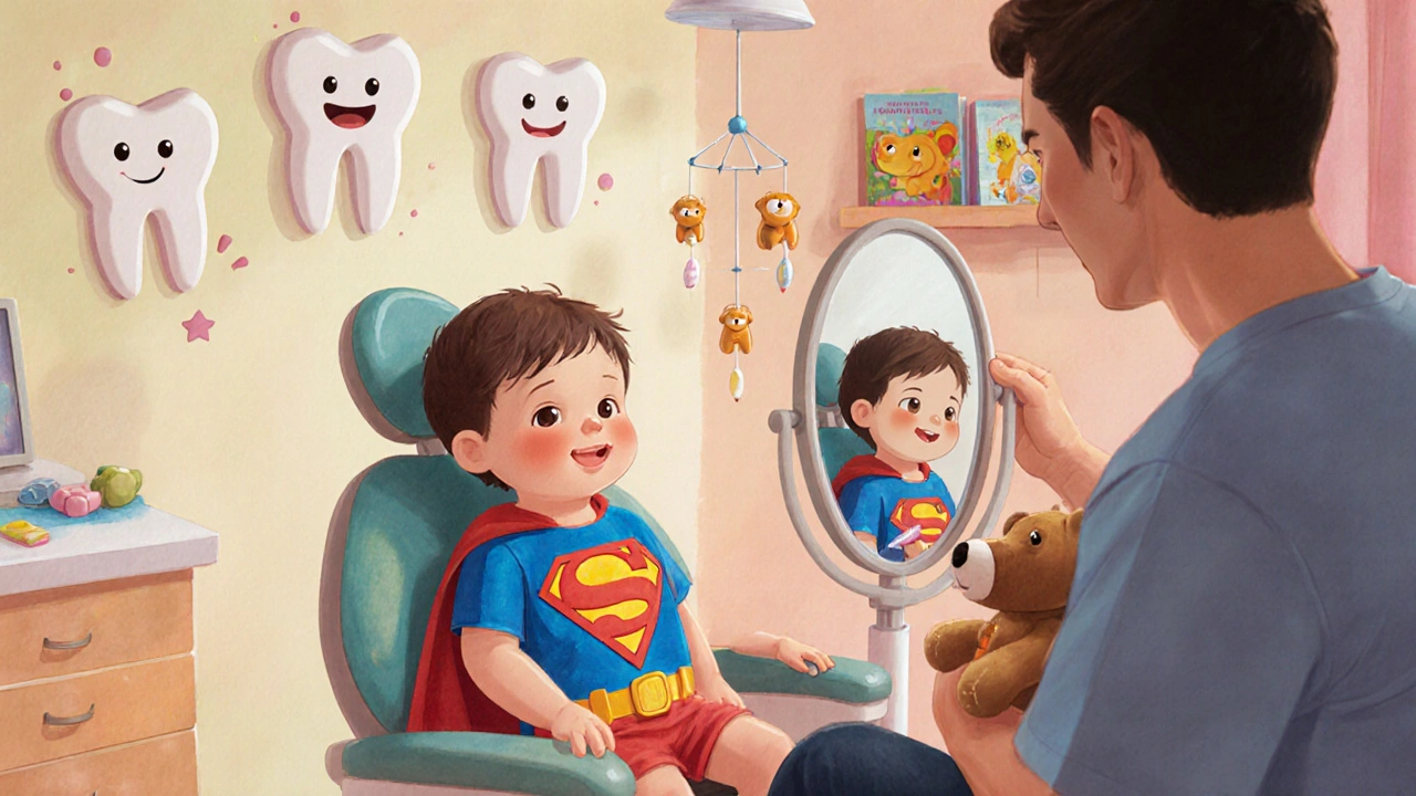 Dítě sedí v zubním křesle a dívá se do zrcadla, zatímco rodič drží jeho hračku.