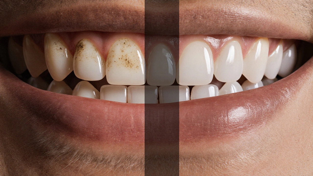 Dva přední zuby vedle sebe: přirozený s skvrnami a keramická fazeta s přirozeným leskem.
