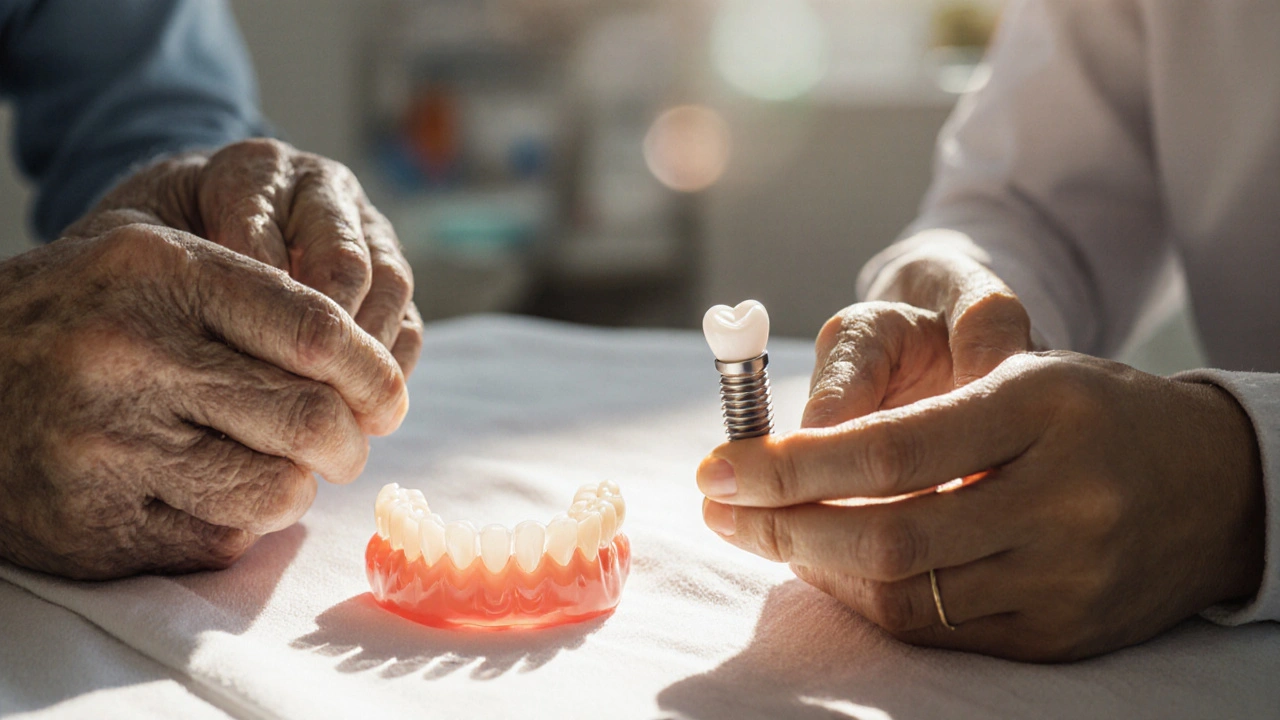 Dvě ruce: jedna drží zubní protézu, druhá implantát — přechod od omezení k volnosti.