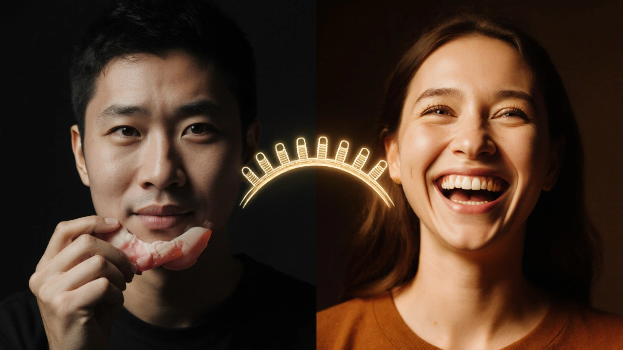 Dvojí obličej: jedna strana s pokleslým tvářím a protézou, druhá s plným úsměvem a přirozenými zuby.