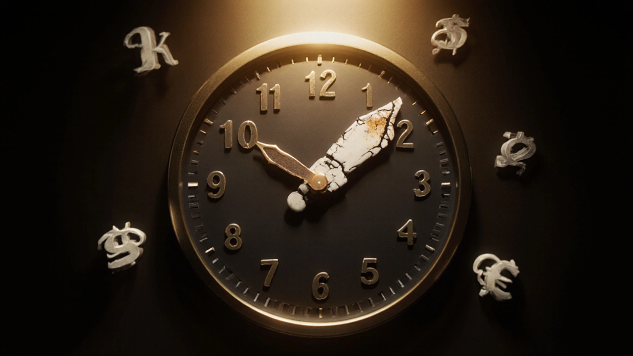 Hodiny s ručičkami z fazet: keramická ručička je celistvá, kompozitní je poškozená, symbolizující dlouhodobé náklady.