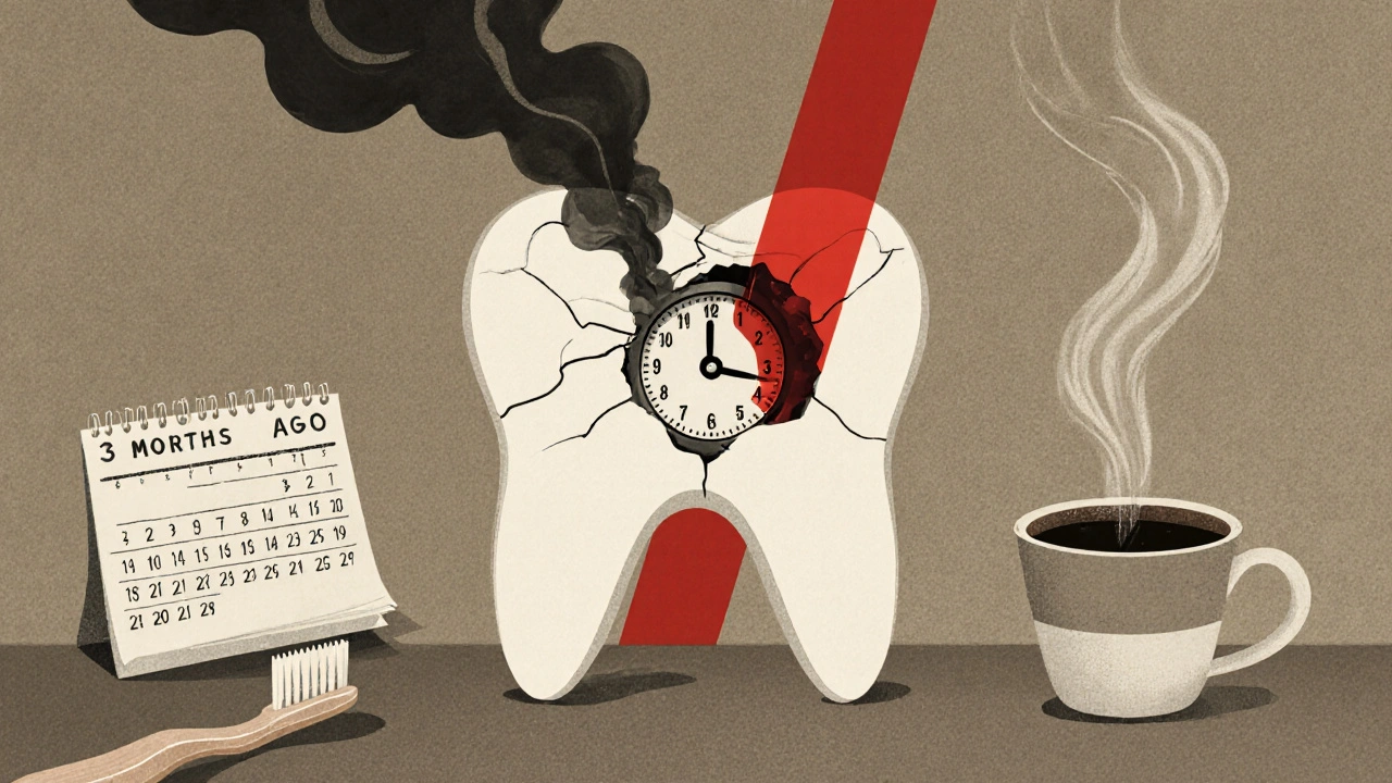 Hodiny v poškozeném zubu symbolizují čas, který uplynul bez léčby.