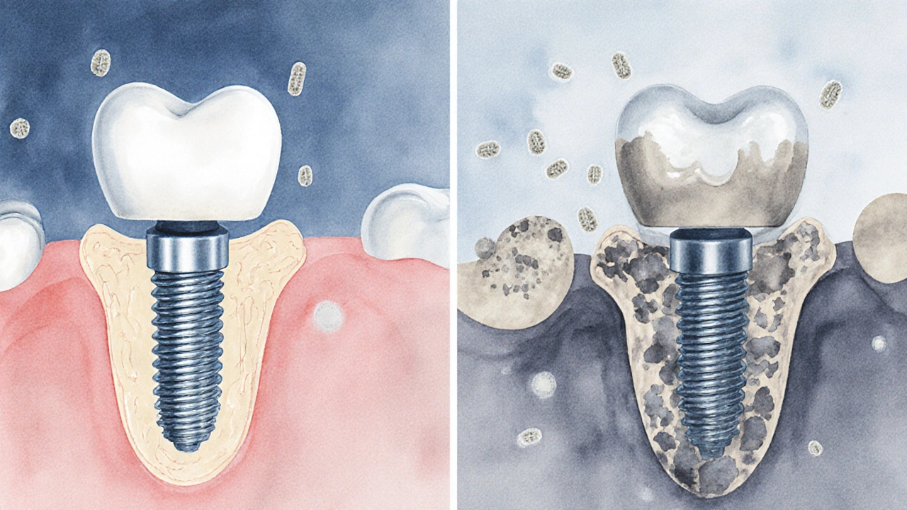 Ilustrace zdravé a degradované kosti kolem zubního implantátu s viditelnými bakteriemi.