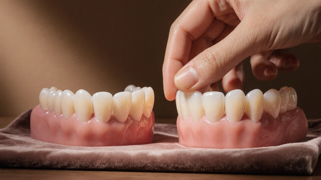 Keramická korunka vedle přirozeného zubu na hedvábné látně.