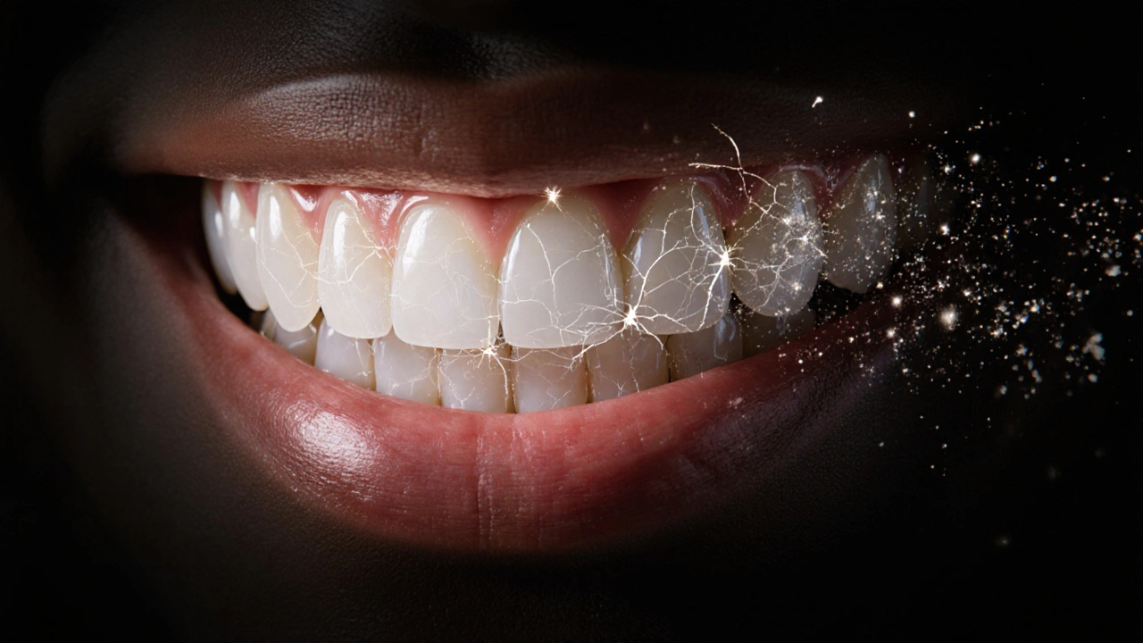 Konceptuální obrázek fazet s odstraňováním skvrn a plaku díky správné péči.