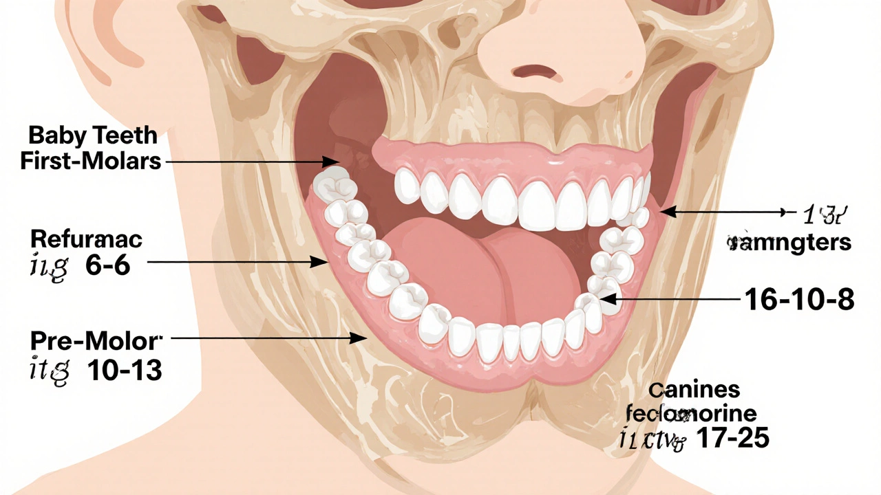 Křížový řez čelisti s časovým vývojem výrůstku trvalých zubů od dětství do dospělosti.