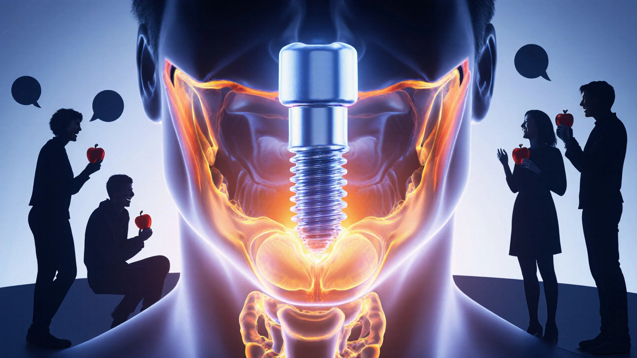 Křížový řez čelisti s implantátem a růstem kosti kolem něj.