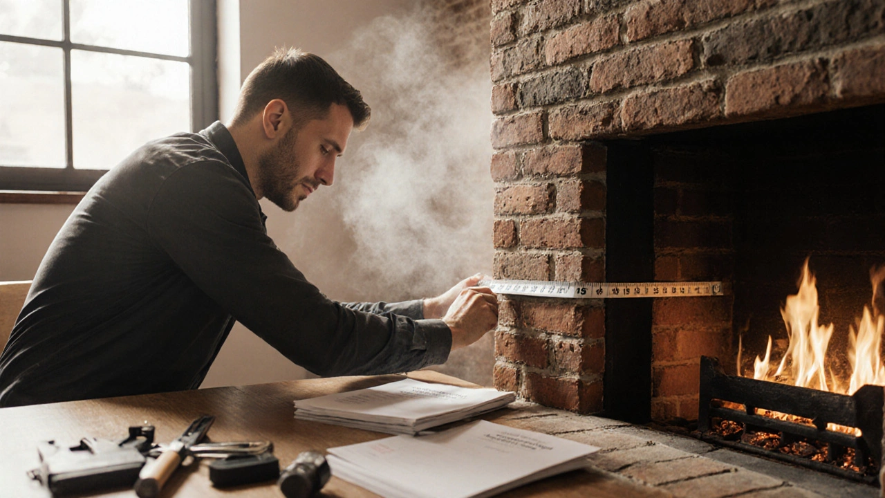Odborník měří vzdálenost 15 cm mezi krbem a cihlovou stěnou.