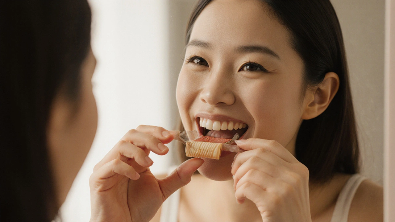 Osoba nasazuje částečnou protézu do úst s jistotou.