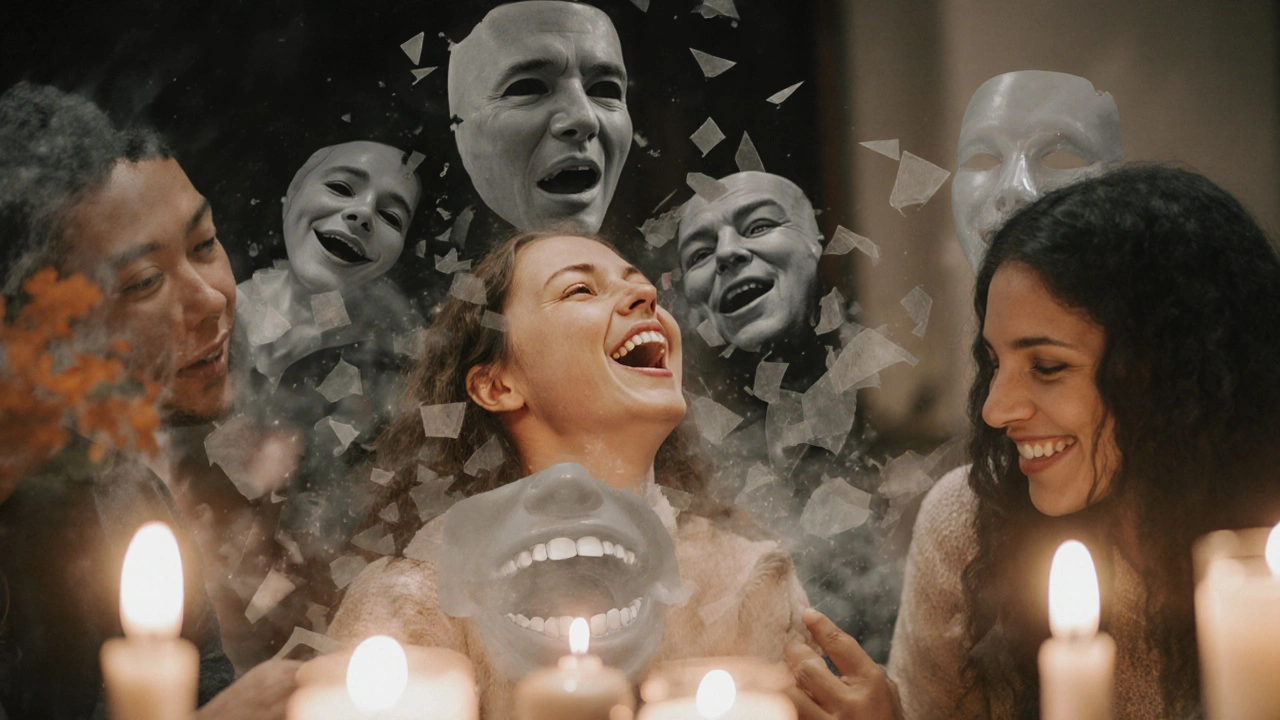 Osoba se směje společnosti, zatímco se její staré obavy rozplynou.