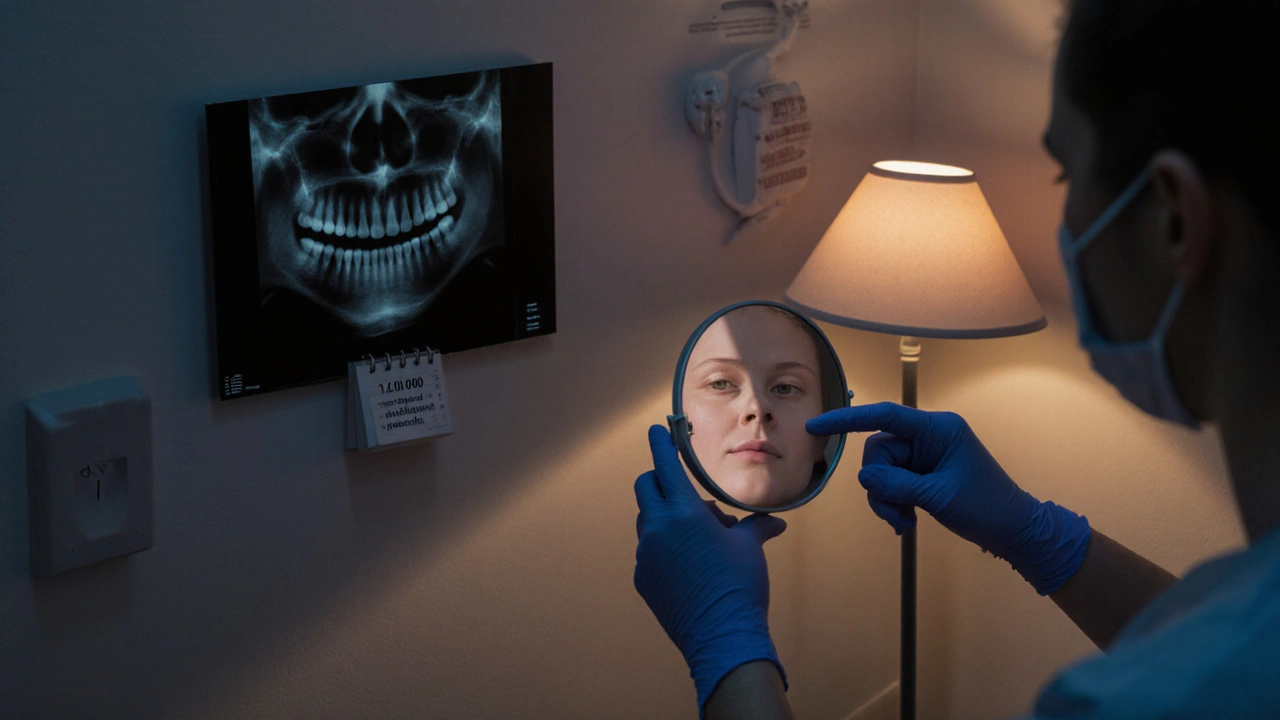 Pacient hledí do zrcadla, kde vidí zoubky, zatímco na zdi je rentgenový snímek zakažených zoubků.