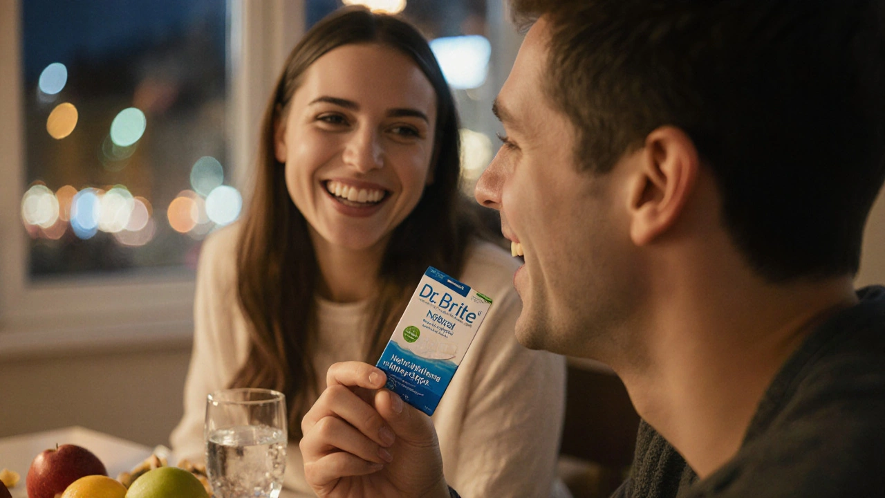 Pár se směje při večeři, jeden drží balíček přírodních bělicích pásek.