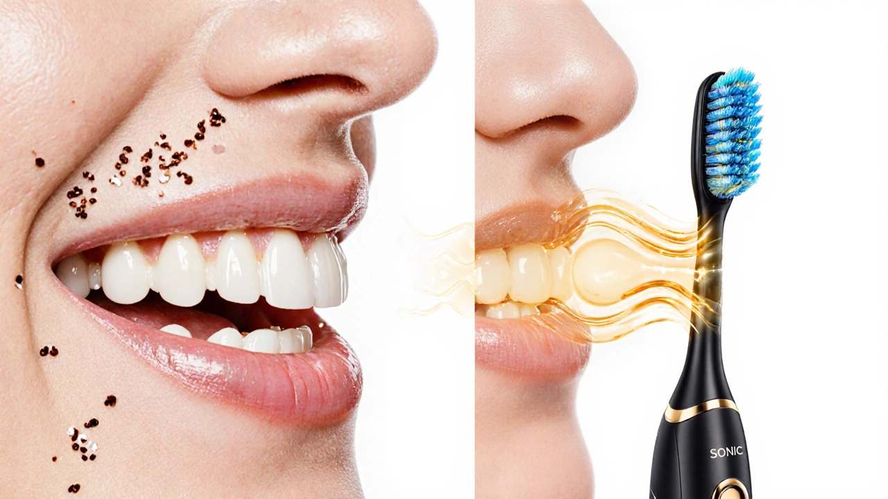 Porovnání ručního a sonického kartáčku: sonický odstraňuje plak i pod dásněmi.