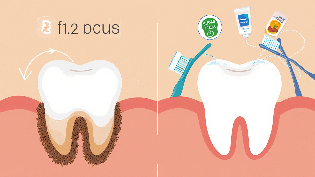 Porovnání tvorby zubního kamene a prevence pomocí kartáčku a nitě.