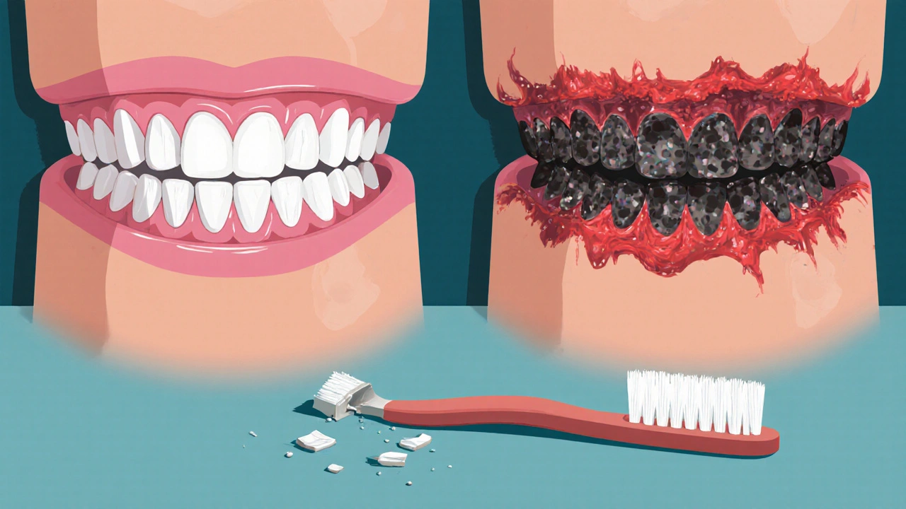 Porovnání zdravých a poškozených mezizubních prostor s náznakem zánětu.