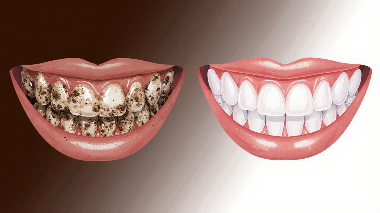 Porovnání zubů před a po pískování: tmavé zbytky plaku a zubního kamene vs. čisté, jasnější zuby.