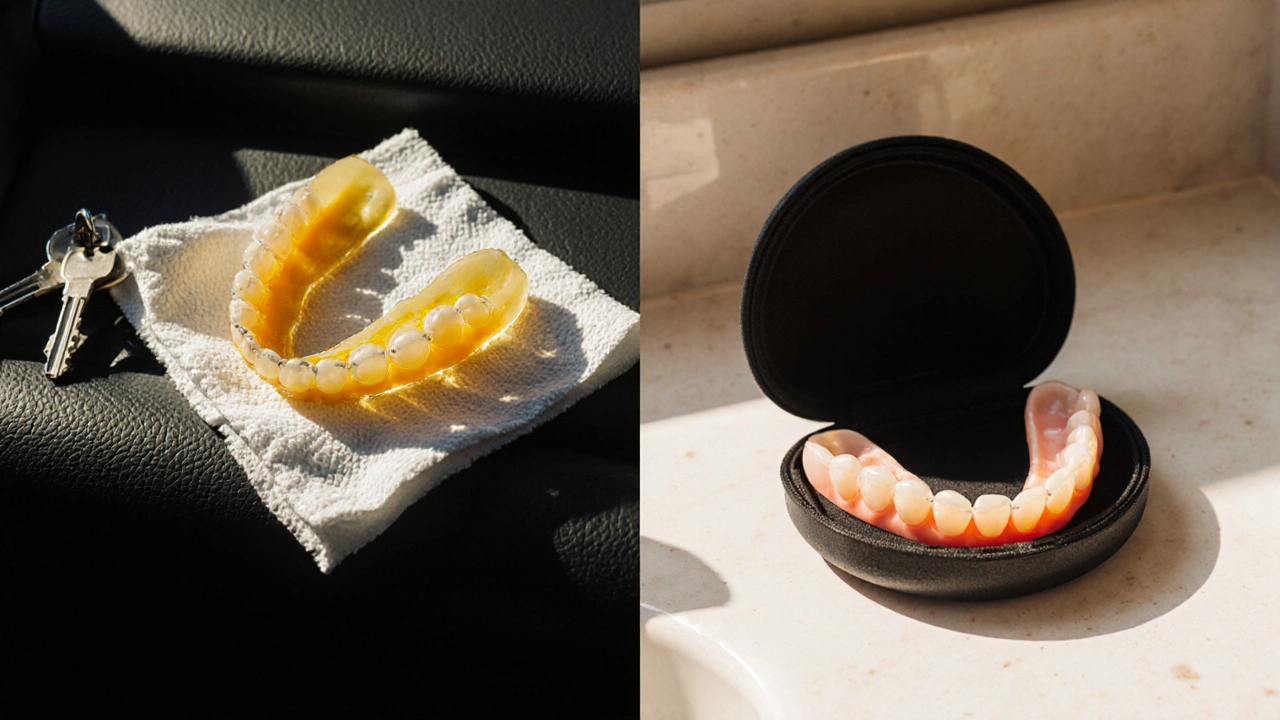 Poškozené rovnátko na slunci vs. správně uložené v pevné nádobce.