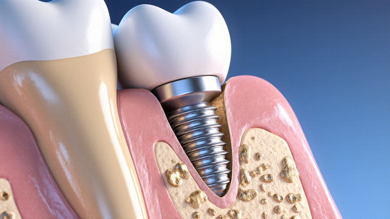 Přehled čelisti s implantátem spojeným s kostí, s viditelným růstem kostní tkáně kolem něj.