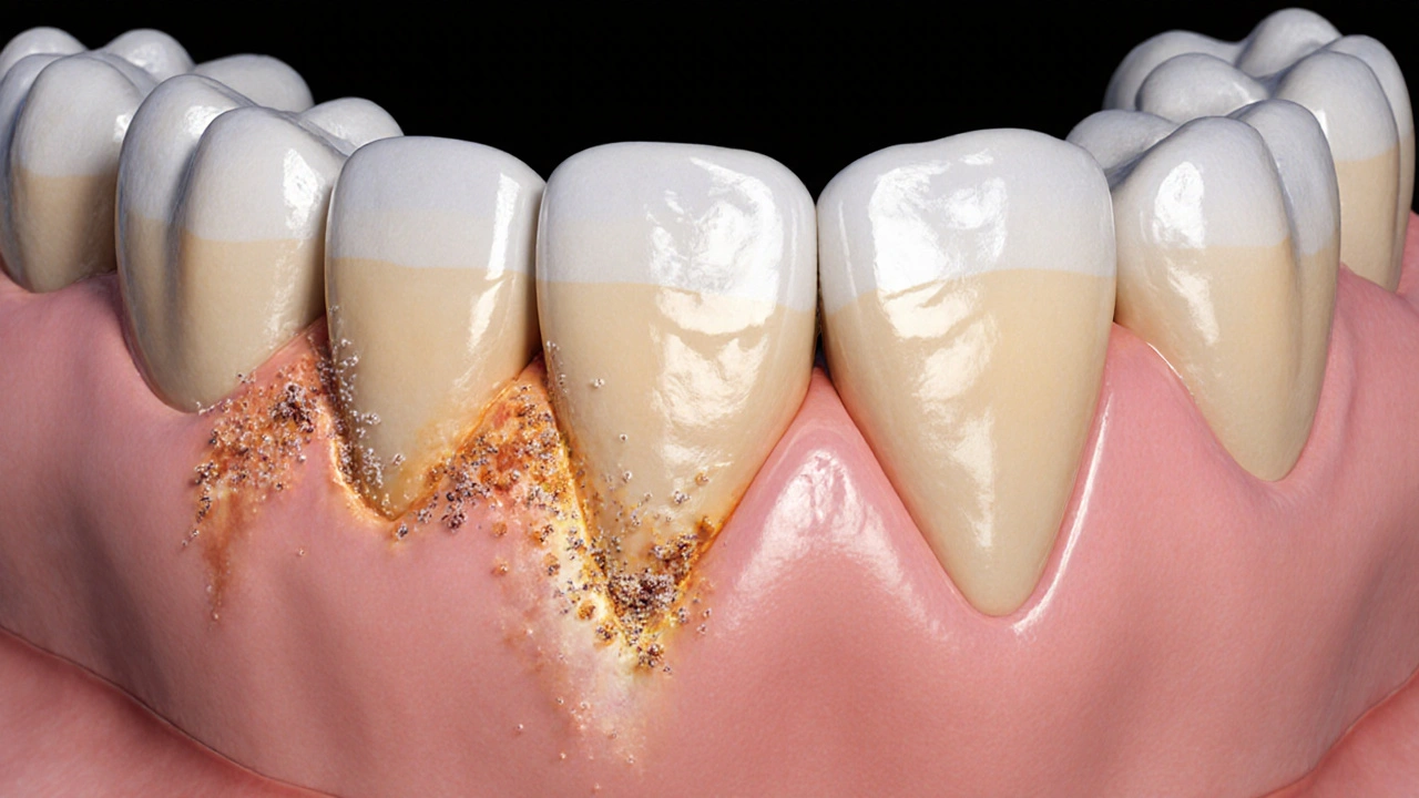 Průřez zubního můstku s zánětem dásní a bakteriemi pod ním.