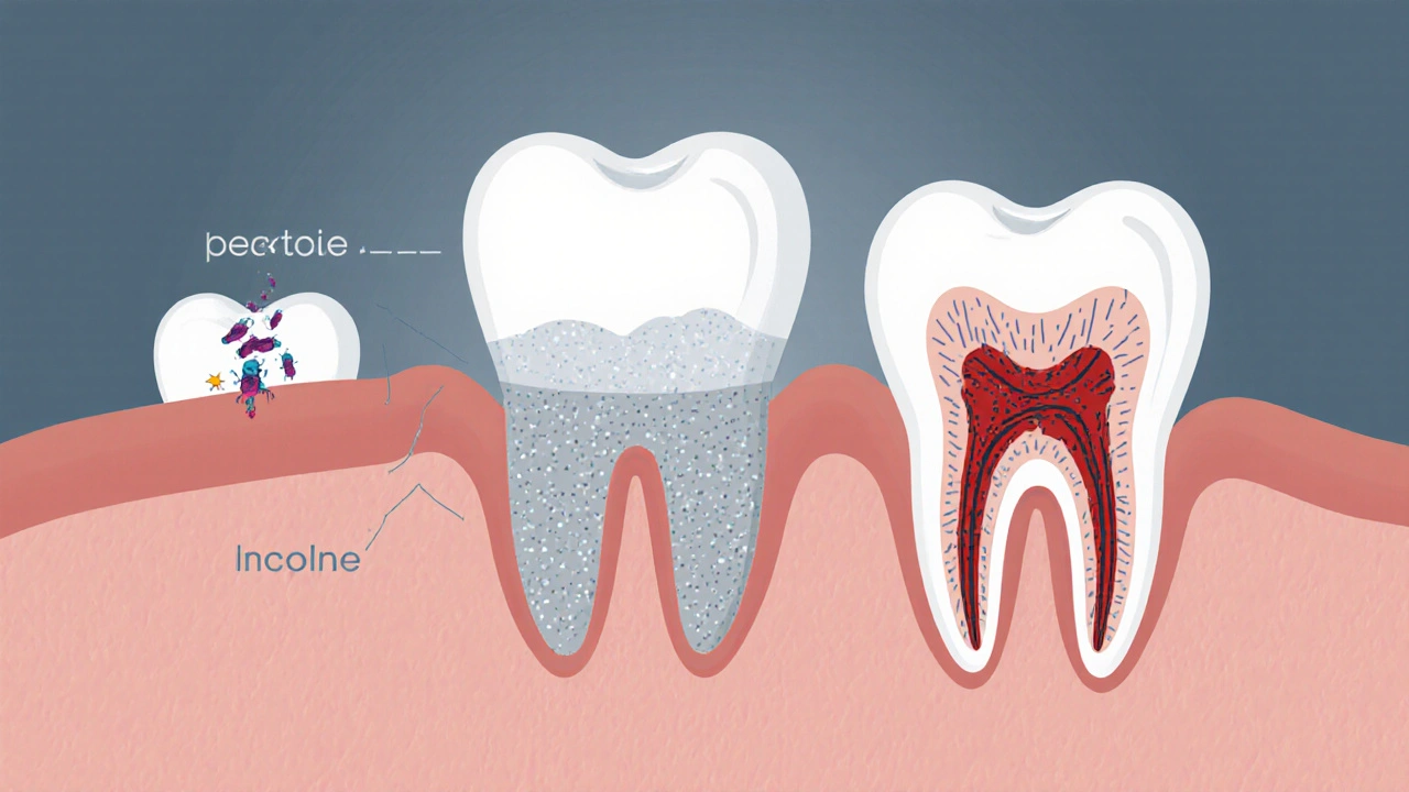 Průřez zubu a dásně s plakem, kamenem a bakteriemi způsobujícími zánět.