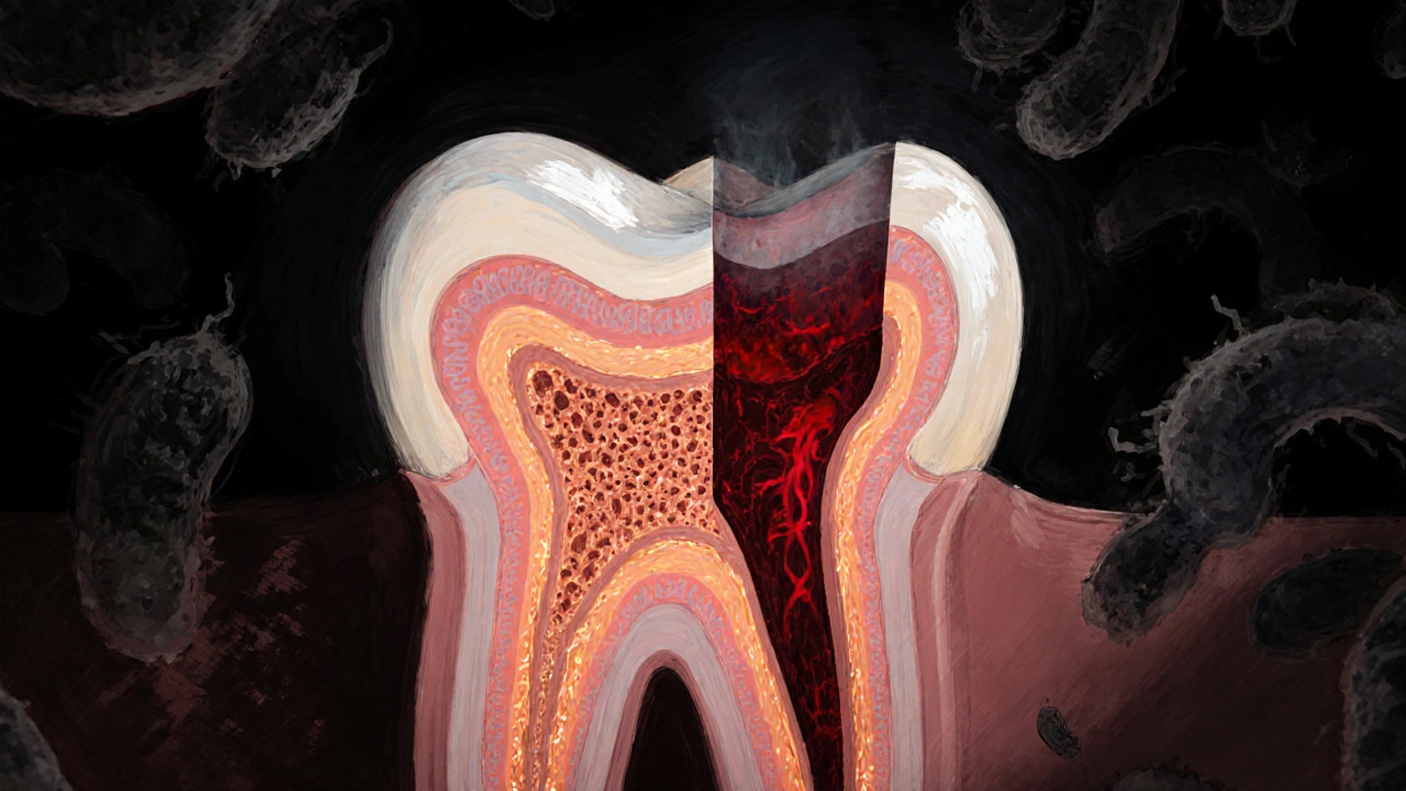 Průřez zubu s třemi vrstvami, bakterie pronikající do dentinu, červená pulpa v tísni.