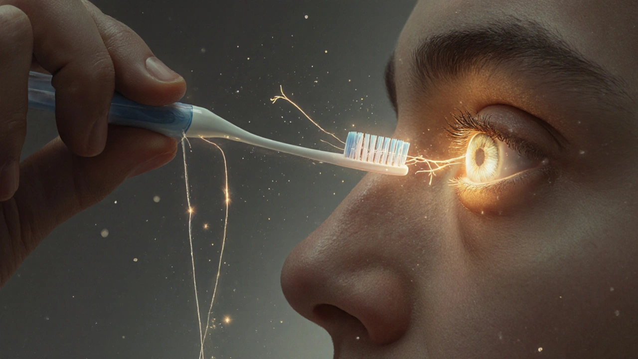 Ruka drží kartáček, z něj vyrůstají světelné vlákna směřující do oka.