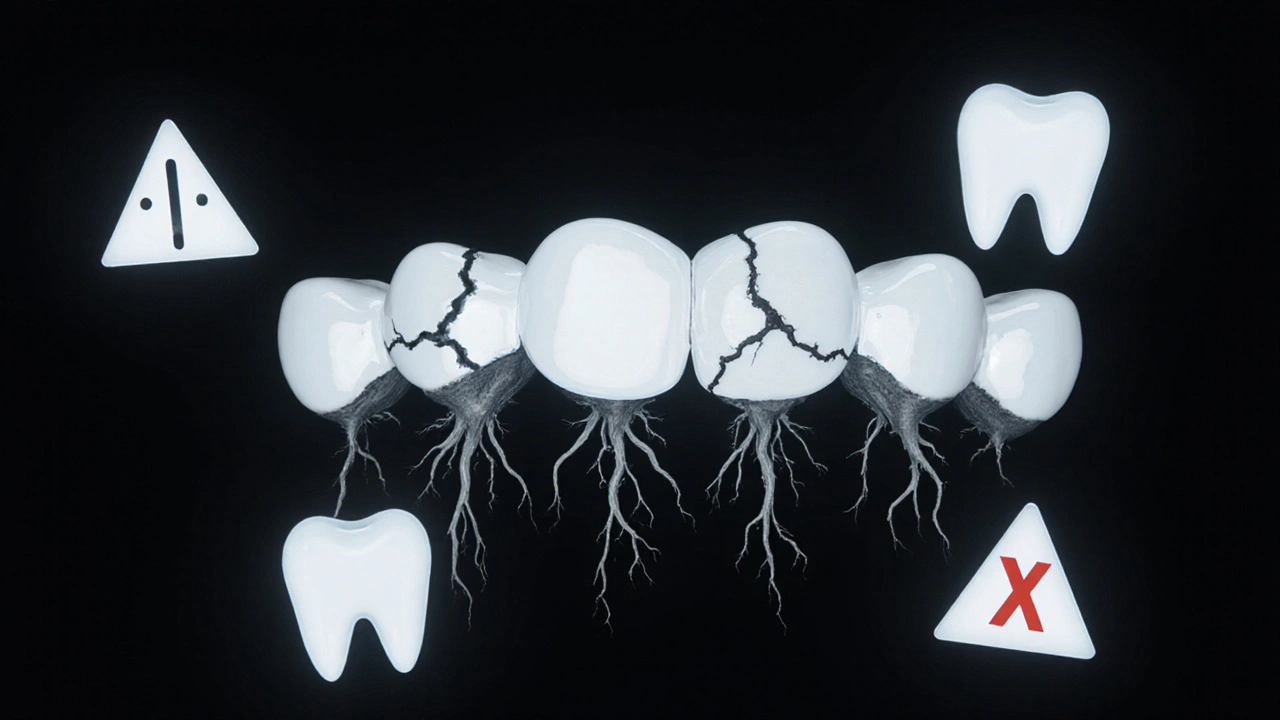 Skrytý kazu pod můstkem s varovnými symboly poškození zubu.