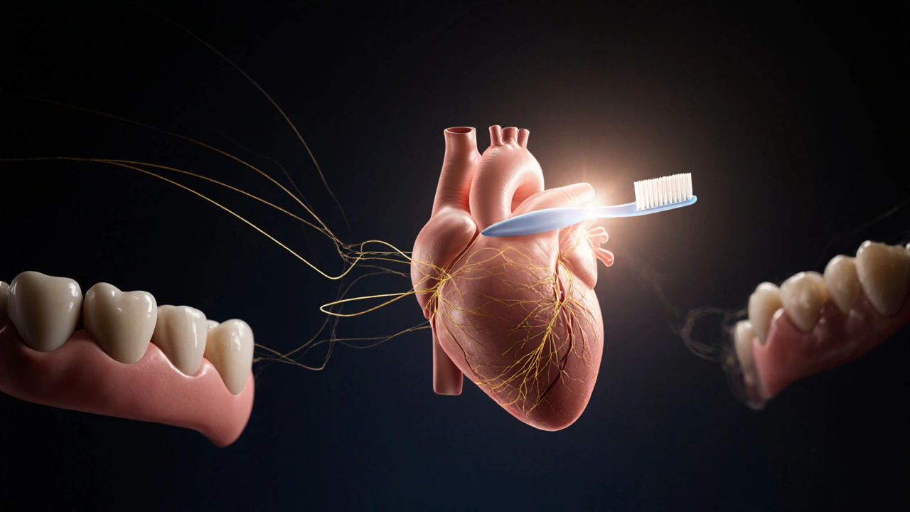 Srdce spojené s zuby zlatými nitěmi, ochraňované mezizubním kartáčkem.