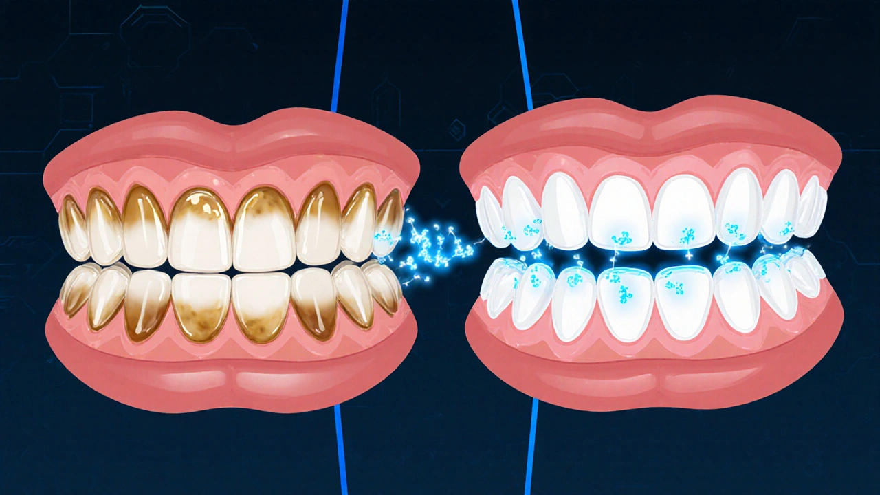 Srovnání zubů před a po bělení s ilustrací molekul peroxidu pronikajících do emailu.