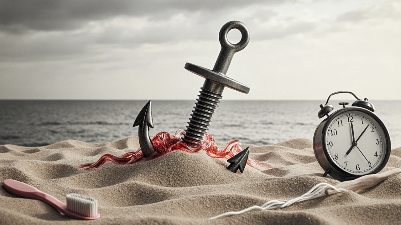 Symbolický obraz zubního implantátu jako kotvy, která se vysouvá z písku, znázorňující ztrátu kosti.