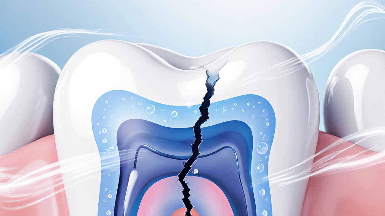Trhlina v předním zubu s viditelným vnikáním tekutin a citlivostí.