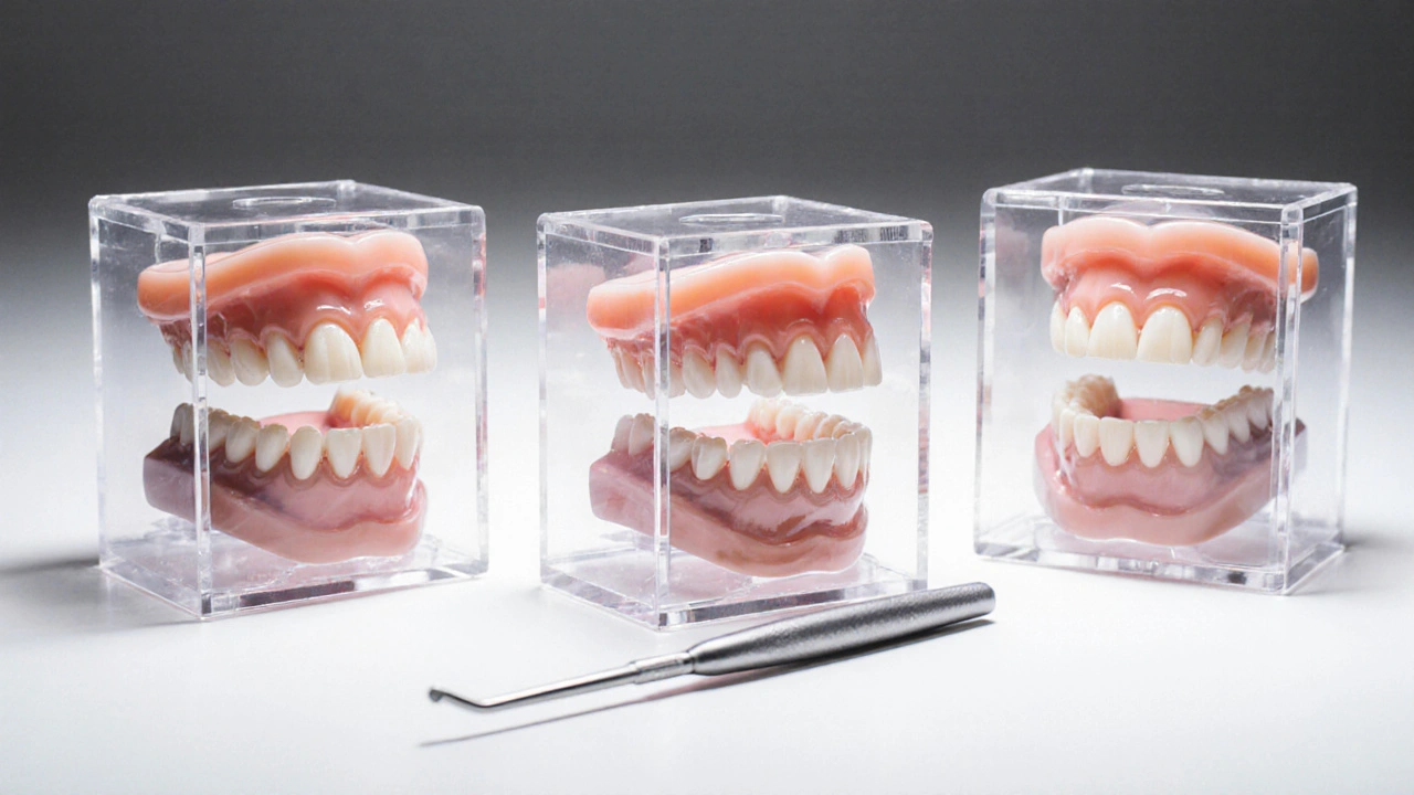 Tři modely zubů s různými vadami postavení: křivé zuby, mezery a křížový příkryv.