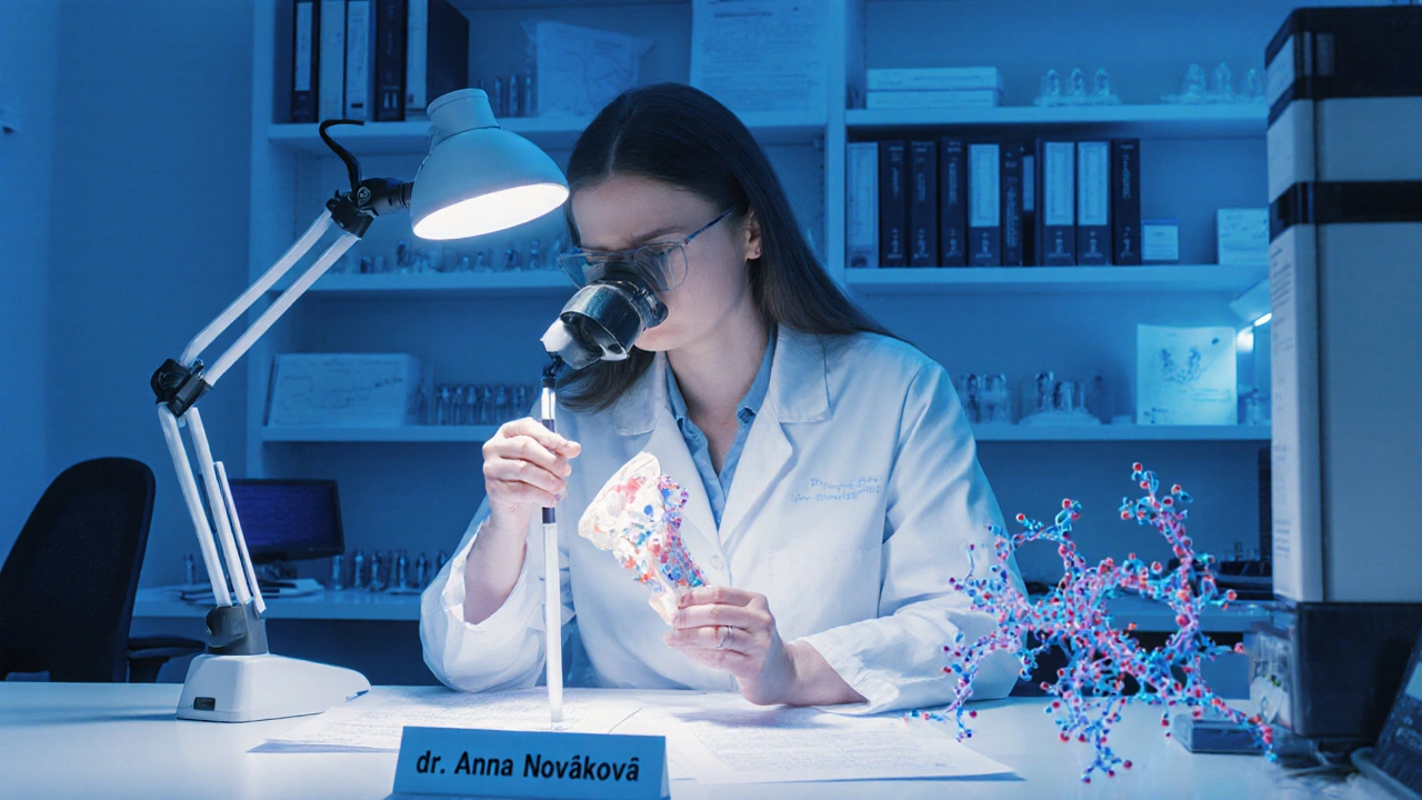 Vědec v laboratoři studuje model čelisti pro výzkum implantátů.